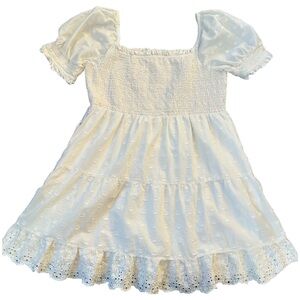 AE Smocked Eyelet Crochet Mini Dress L Cream Peasant Dress Cottagecore Boho Chic